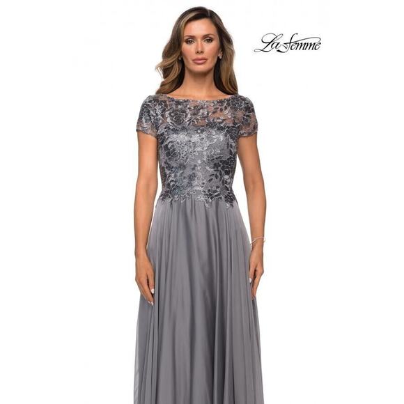 LA FEMME NEW $378 Lace Bodice Floor Length Evening Gown in Platinum Size 18 - Picture 3 of 4